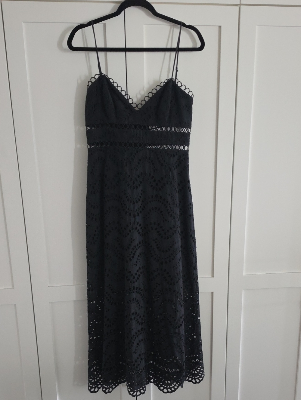 Zimmerman Black Eyelet Lace Midi Dress with Spaghetti Straps